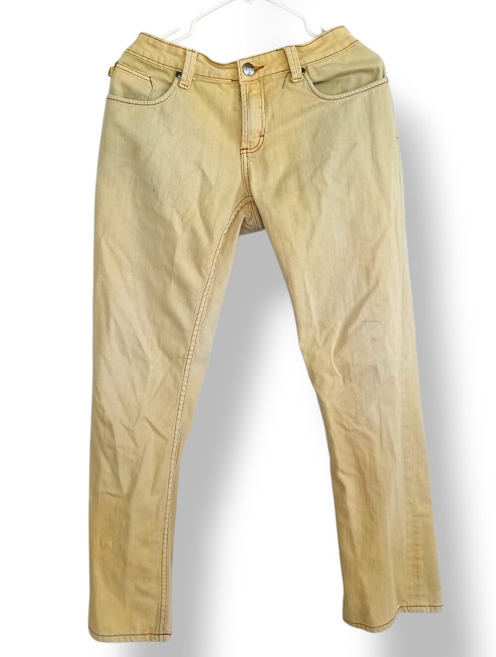 Analog Ochre Yellow Slim Straight Jeans Mid Rise Beige Tan Distressed Faded Punk
